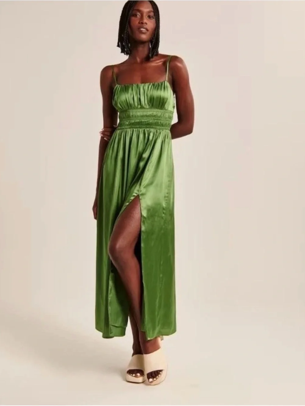 Abercrombie & Fitch Green Smocked Satin Spaghetti Strap Maxi Dress